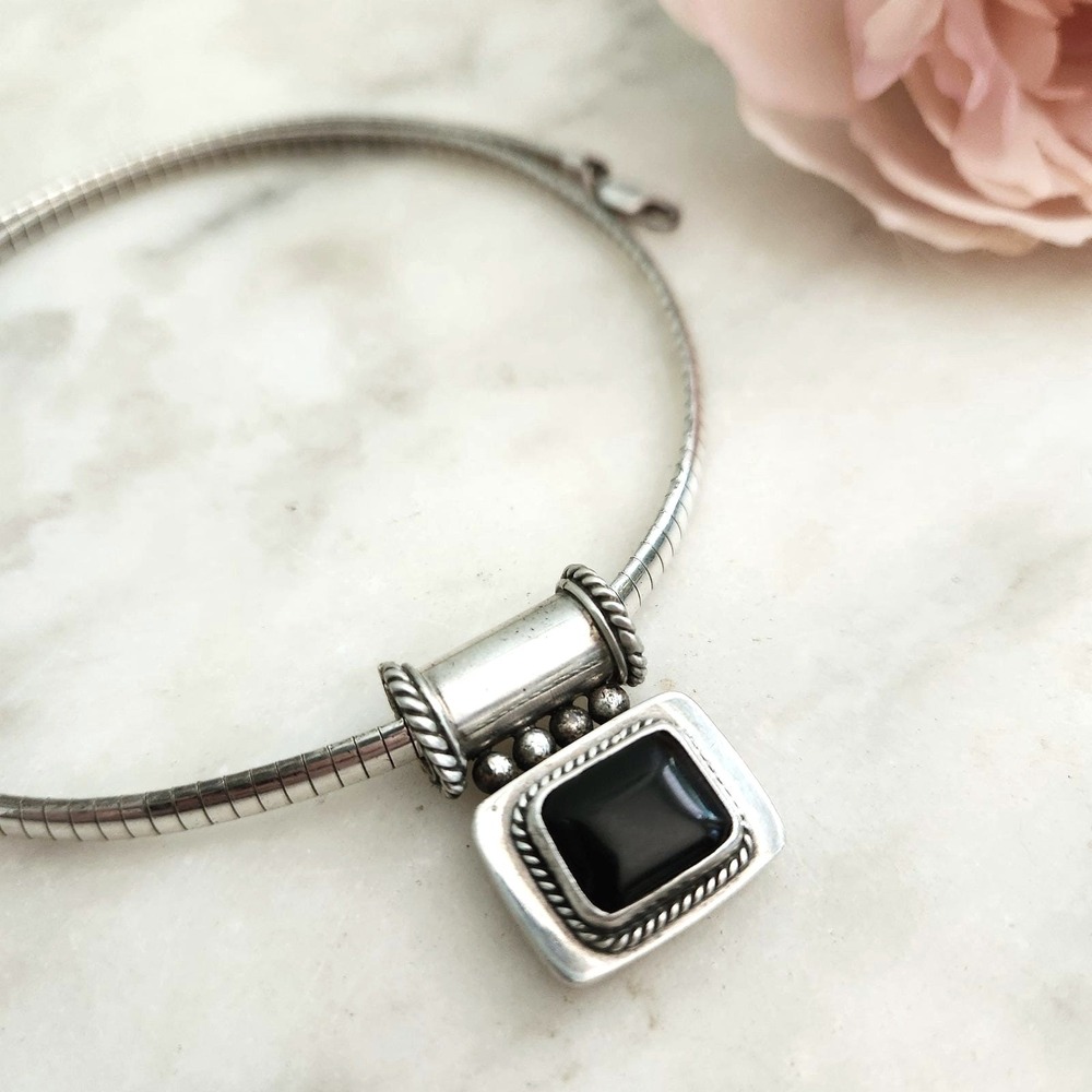 Vintage Omega Chain‎ Necklace Onyx Cushion Stone Pendant 18" Sterling Silver